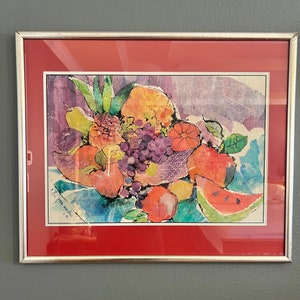Splendido dipinto vintage di frutta con cornice e passepartout su carta velina. Natura morta. Colorato. Firmato dall'artista. Il prezzo include la spedizione!