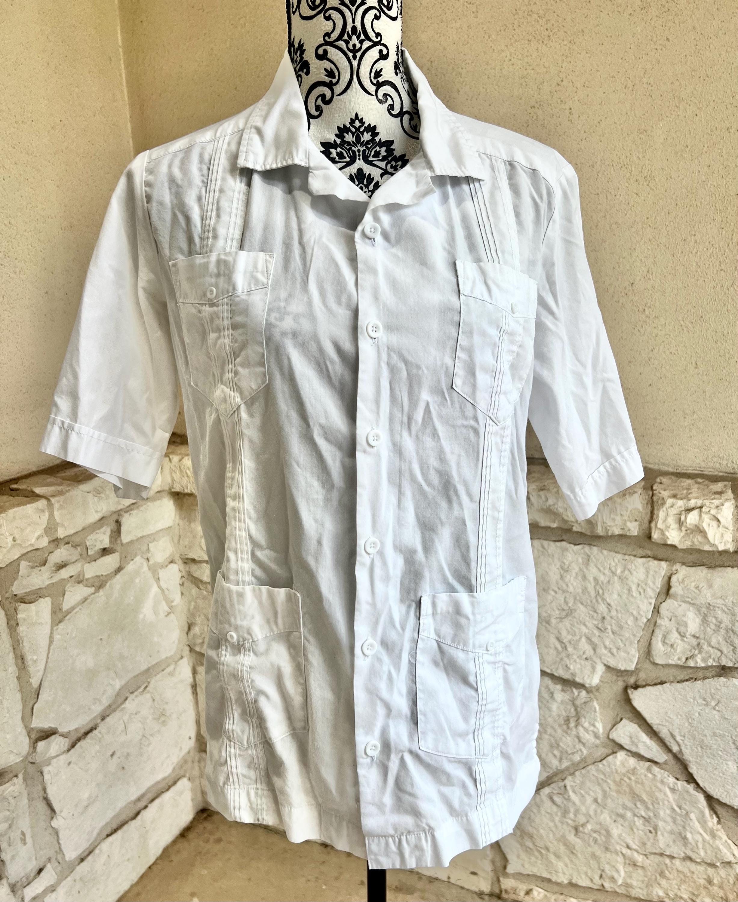 Vintage White Guayabera Shirt: Men's Short Sleeve Button Down, Size Small