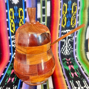 Vintage Handmade Pear Shaped Tea or Sugar Jar With Spoon. Nicaragua. Beautiful Wood Tones. Price Includes Shipping!