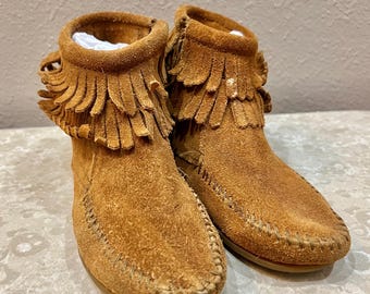 May include: A pair of brown suede ankle boots with fringe detailing. The boots have a pointed toe and a low heel.