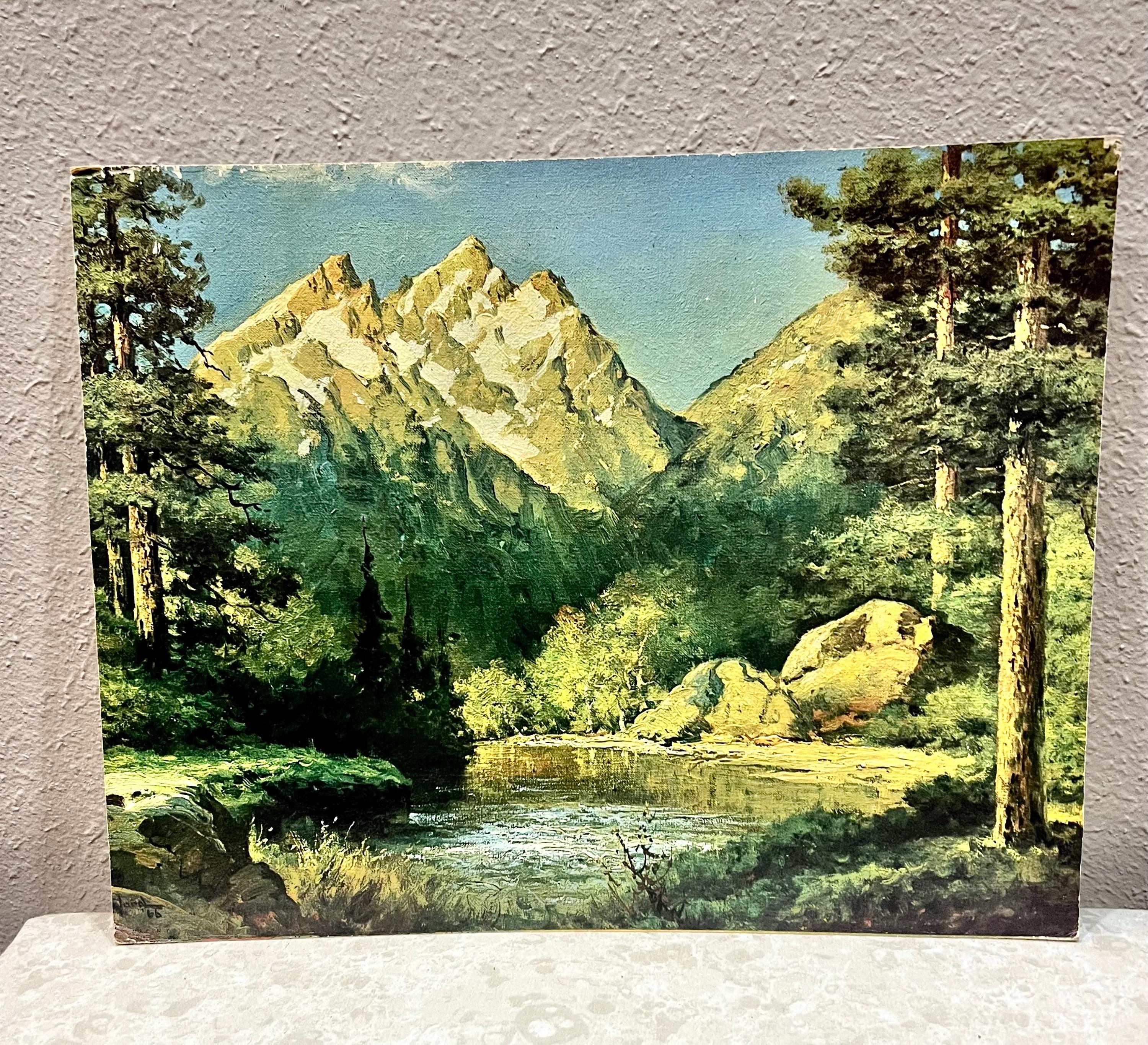 Vintage Robert Wood Lithograph: Crowned Peaks Landscape Canvas