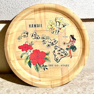Vintage Bamboo Hawaii Round Souvenir Tray. Map. Aloha. 50th State. Hibiscus. Plumeria. Serving Tray. Bar Cart. Wall Decor. Free Shipping!