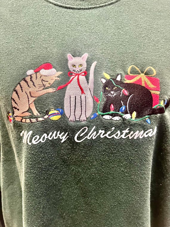 Vintage Dark Green Meowy Christmas Cat Sweatshirt… - image 3