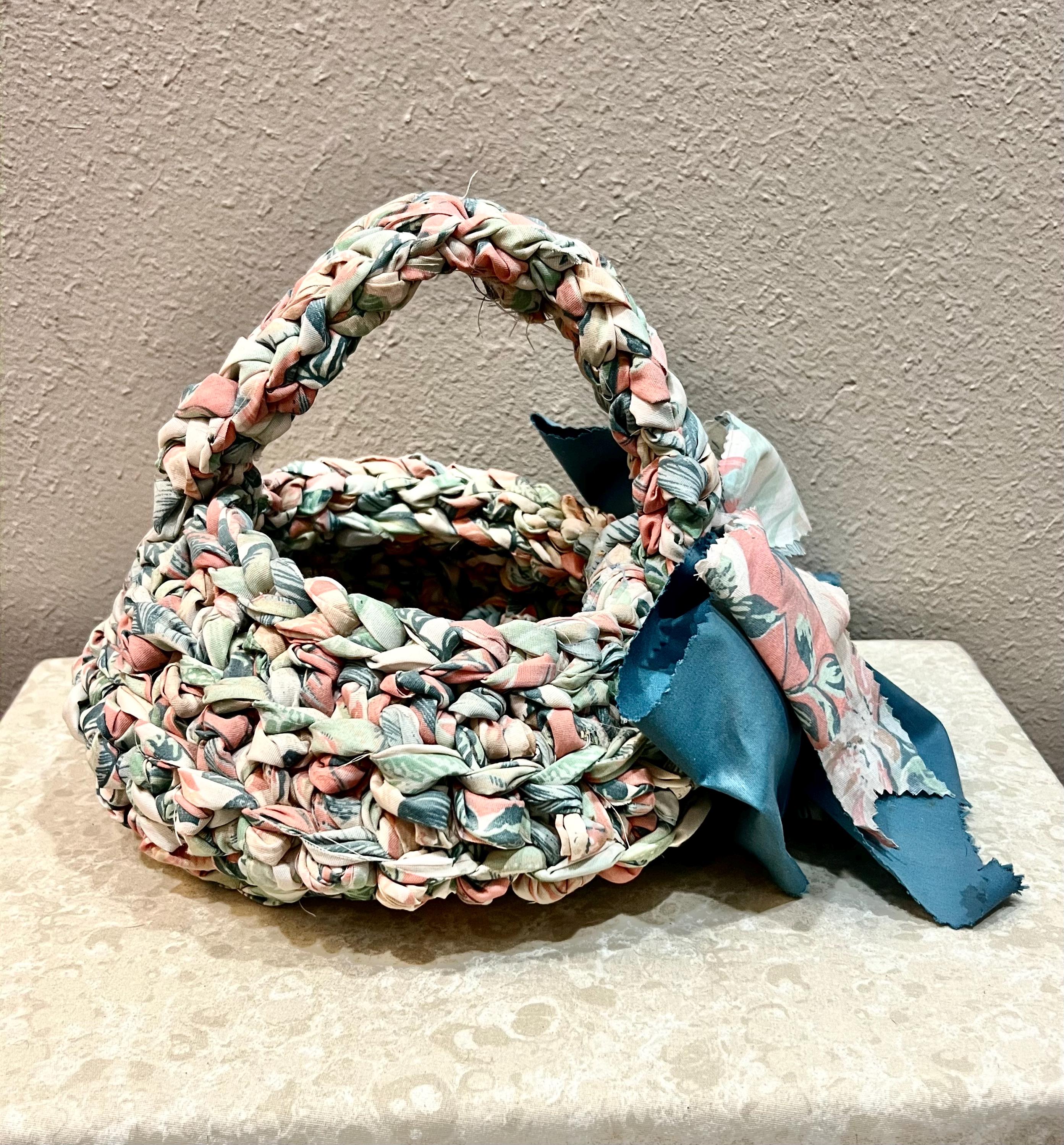Vintage Braided Coiled Fabric Rag Basket With Handle and Bow. Handmade ...
