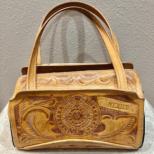 Monedero vintage mexicano de piel rubia labrada a mano. Borla. Cierre de cremallera. ¡Envío gratis!