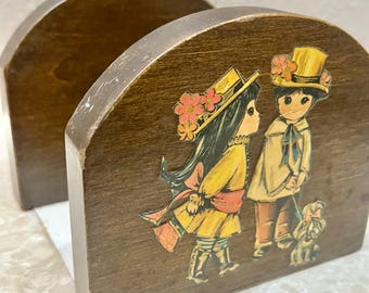Vintage Wood Bookends with Decoupaged Little Boy with Dog and Girl. Child’s Room. Bookshelf. Shipping Included!