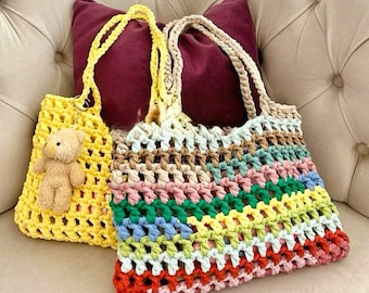 Bolsa de crochet arcoíris hecha a mano: bolsa de compras ecológica de punto