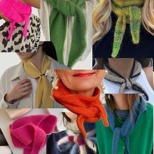Puede incluir: Un collage de varias bufandas de punto en diferentes colores, incluyendo rosa, verde, amarillo, naranja y azul. Las bufandas están diseñadas de diferentes maneras, mostrando su versatilidad. La imagen destaca las texturas y diseños de los accesorios hechos a mano.