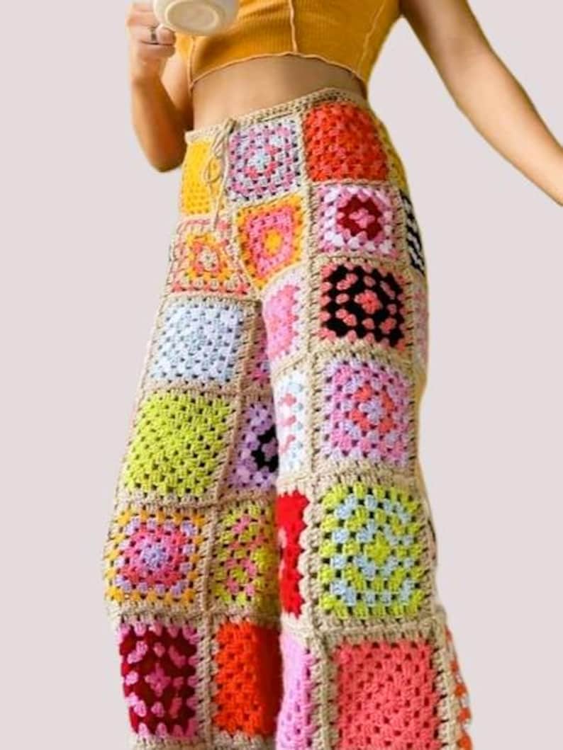 Pants With Square Pattern Handmade Crochet Granny Square Pants: Colorful Boho Festival Trousers ...