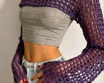 Cropped Mesh Top PDF Pattern, Shrug Sleeves Crochet Pattern Top PDF, Long Sleeve Crop Top Pattern, Women Crochet Top Pattern