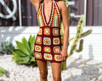 Crochet Granny Square Halter Dress: Handmade Boho Festival Mini Dress