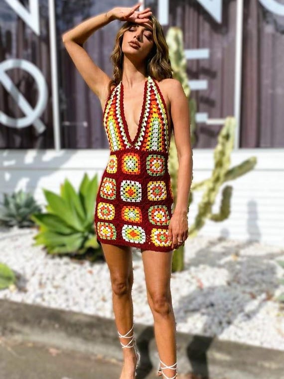 Vestido de abuela cuadrado de crochet hecho a mano, minivestido