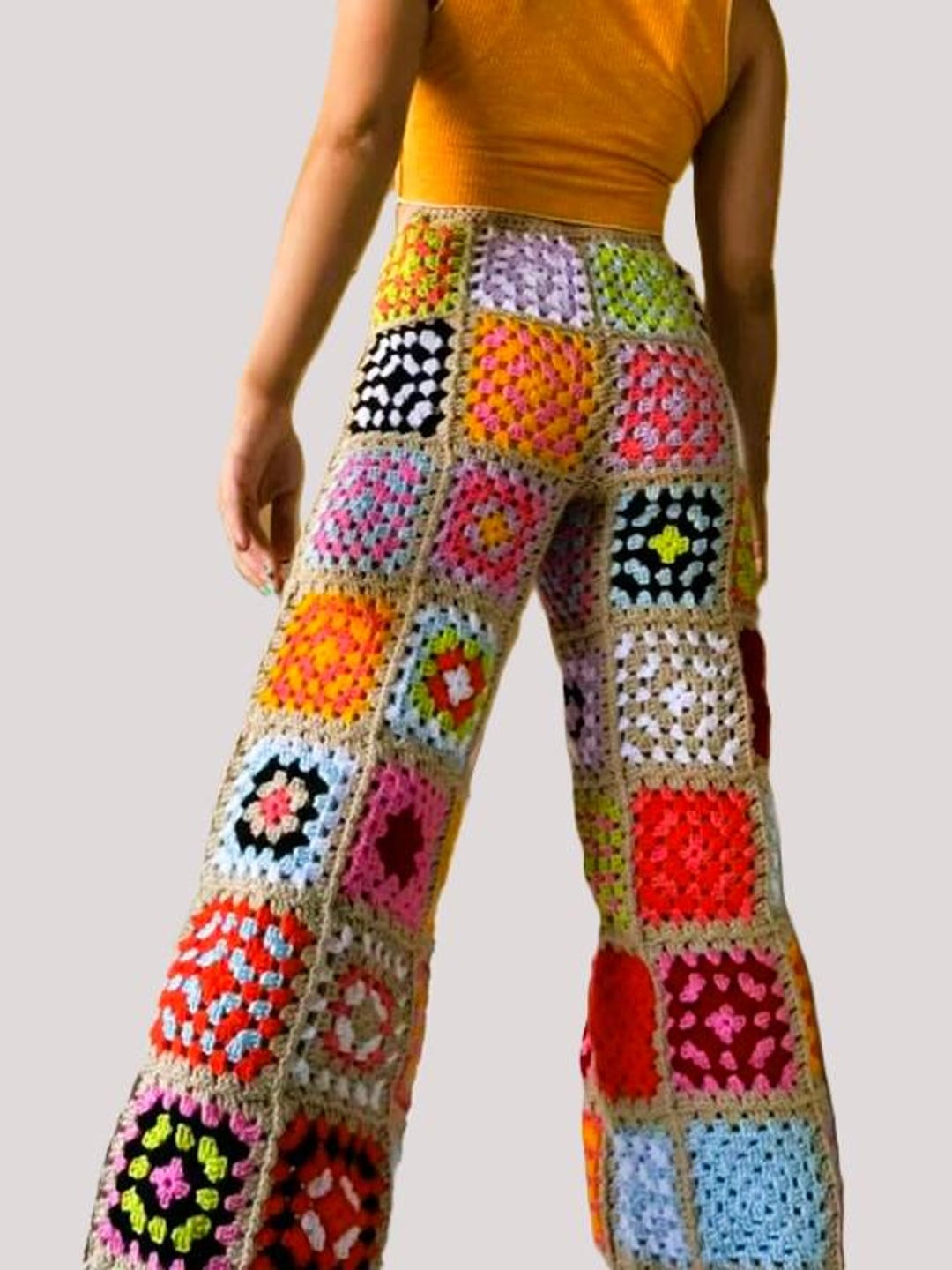 Pants With Square Pattern Handmade Crochet Granny Square Pants: Colorful Boho Festival Trousers ...