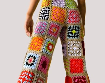 Pantalones de abuela cuadrados de crochet hechos a mano: pantalones bohemios coloridos para festivales