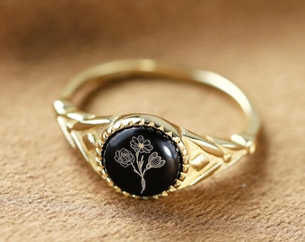 Personalisierter Geburtsblumenring: Onyx Sterlingsilber mit Gravur