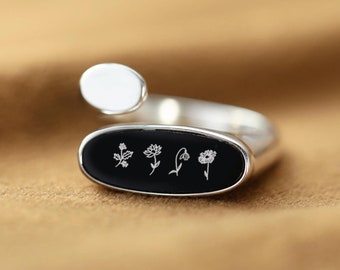 Personalisierter Geburtsblumenring: Sterling Silber Onyx mit Gravur