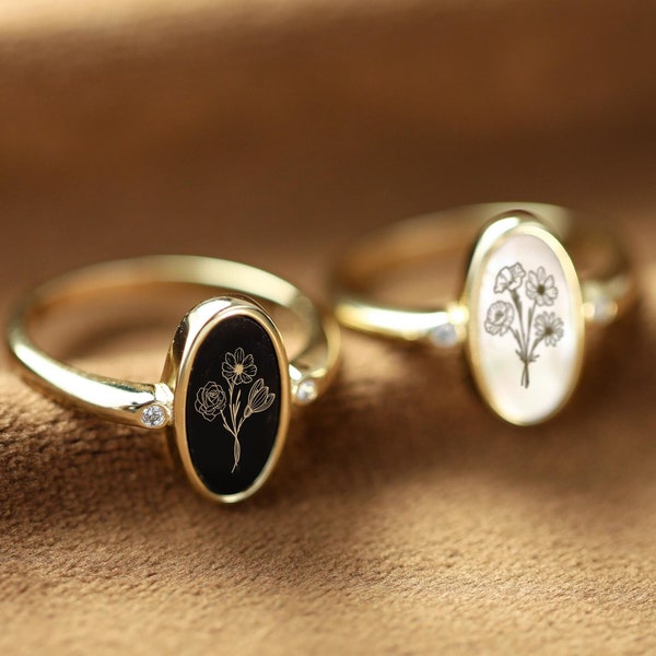 Anillo de flor de nacimiento personalizado: óvalo grabado de nácar y ónix