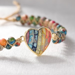 Imperial Jasper Heart Bracelet: Adjustable Gemstone Beaded Bracelet