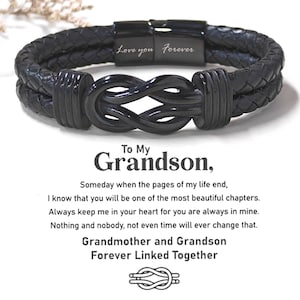 Engraved Leather Bracelet: Grandmother to Grandson, Stainless Steel Clasp