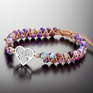 Imperial Jasper Heart Bracelet: Braided Gemstone Wrap, Daughter Gift