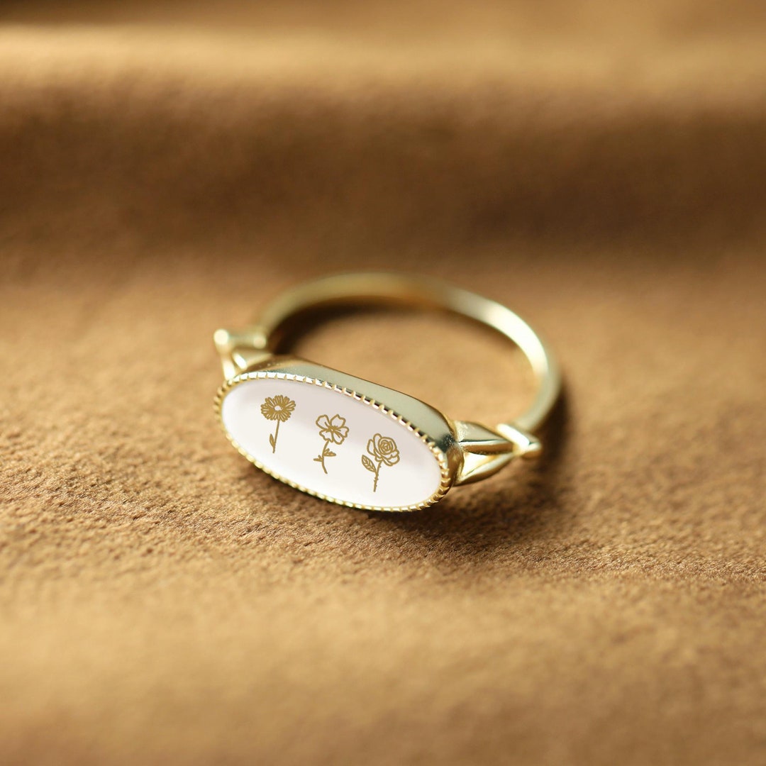 Personalized Birth Flower Ring, Custom Engraved Ring, Mother of Pearl ...