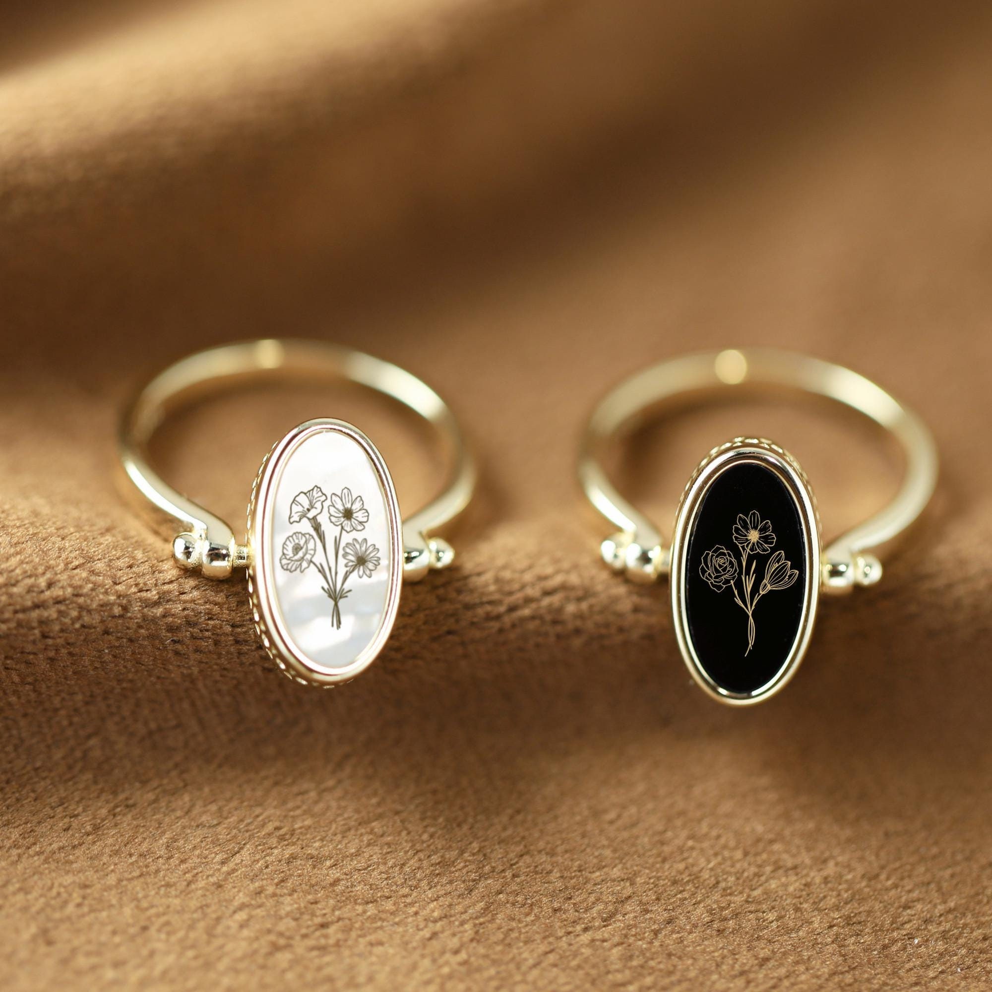 Personalized Birth Flower Ring: Mother of Pearl & Onyx Engraved ...