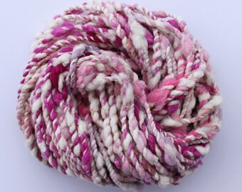 pink and white 2 ply handspun yarn, hand spun wool yarn, soft wool yarn, pretty yarn, weavers yarn, bulky art yarn .. raspberry ice