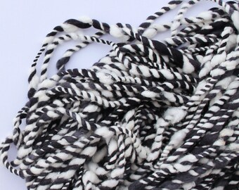 black white wool yarn, hand spun yarn, 2ply bulky wool yarn .. licorice twist 1