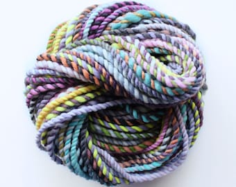 handspun yarn, rainbow yarn, wool yarn, hand spun yarn, rainbow yarn, 2ply candy cane yarn, bulky wool yarn .. rainbow twist 3