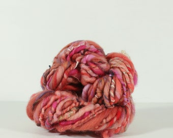 handspun art yarn, red gold yarn, hand spun yarn, wool weaving yarn, silk scrap yarn .. amarillo