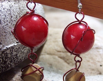 wire wrapped red bobble and vintage bead earrings