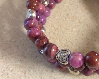 Purple crazy lace agate bracelet memory wire silver heart beads