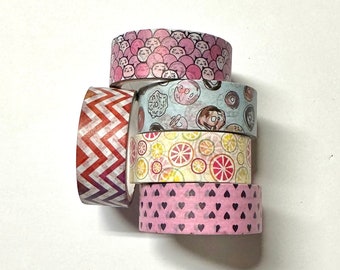 Washi tape 5 count 15 mm wide mix - hearts donuts citrus slices rainbow chevron tiny pink animal