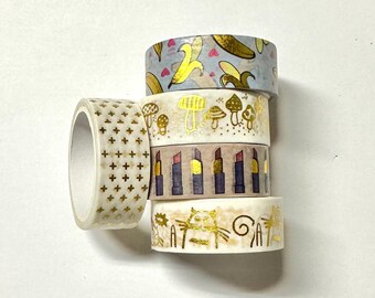 Washi tape 5 count 15 mm wide mix - gold foil white cats lipstick bananas plus signs mushrooms