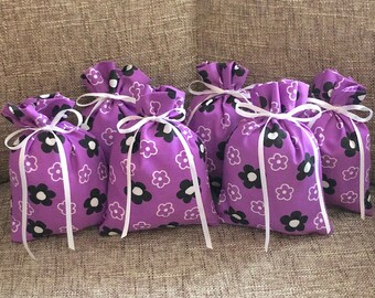 Gift Bags set of 6 Purple Floral Small -  Reusable Eco-Friendly Cotton Fabric