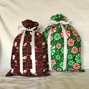 Set of 2 Christmas gift bags Reusable Eco-Friendly cotton fabrics Owls Penguins Peppermint Ornaments