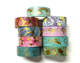 Washi tape 9 count 15 mm wide mix - rainbow clouds gold foil balloons bunnies sea life