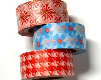 Washi tape 3 red blue mix pack Recollections brand 20 mm wide floral houndstooth