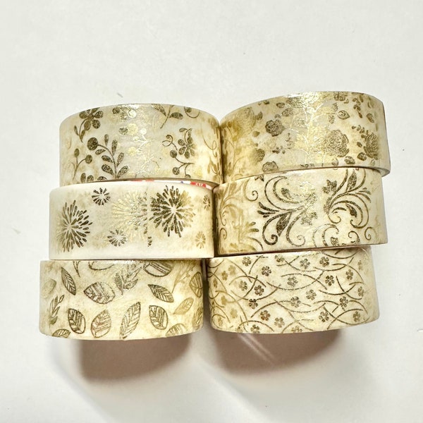 Washi tape 6 pack Mix - flowers florals leaves gold accents on cream backgrounds  15 mm wide each