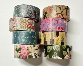 Washi tape 8 pack 15mm each Mix - dark flowers florals potted cactus