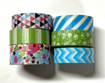 Washi tape 6 pink pink blue green mix pack Recollections brand 15 mm wide 20 mm wide floral stripe