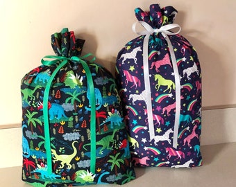 Set of 2 Birthday gift bags reusable eco-friendly cotton fabric Jungle dinosaurs Unicorns rainbows