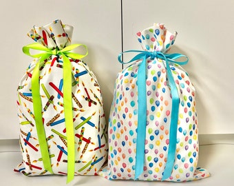 Set of 2 Birthday gift bags reusable eco-friendly cotton fabric bright candles rainbow pastel balloons semi sheer