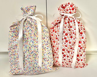 Set of 2 Birthday gift bags reusable eco-friendly cotton fabric pink dots rainbow confetti