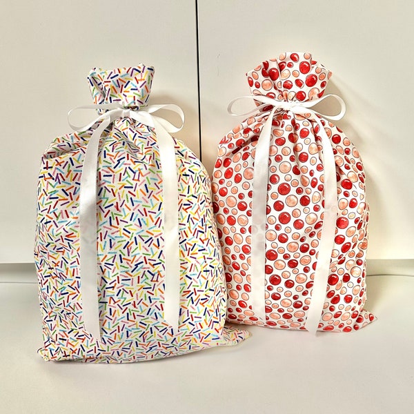 Set of 2 Birthday gift bags reusable eco-friendly cotton fabric pink dots rainbow confetti