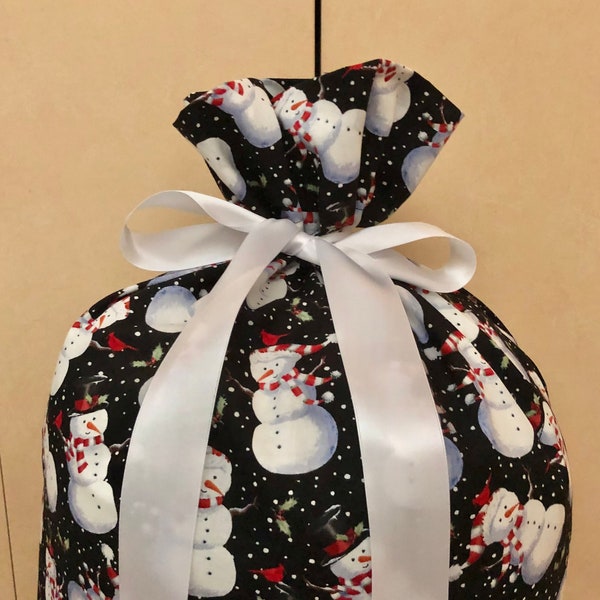 Extra Large Christmas Gift Bag 20 inches wide x 30 inches tall black background white Snowmen - Reusable Eco-Friendly Cotton Fabric