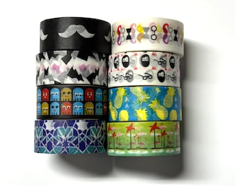 Washi tape 8 pack 15mm each Mix - black white glasses mustache pineapple game ghost flamingos