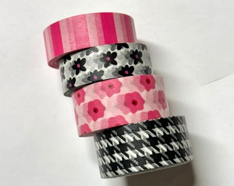 Washi tape 4 pink black white mix pack Recollections brand 15 mm wide 20 mm wide floral stripe houndstooth