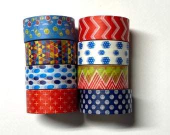 Washi tape 8 pack 15mm each Mix - stripes dots zig zag blue green red