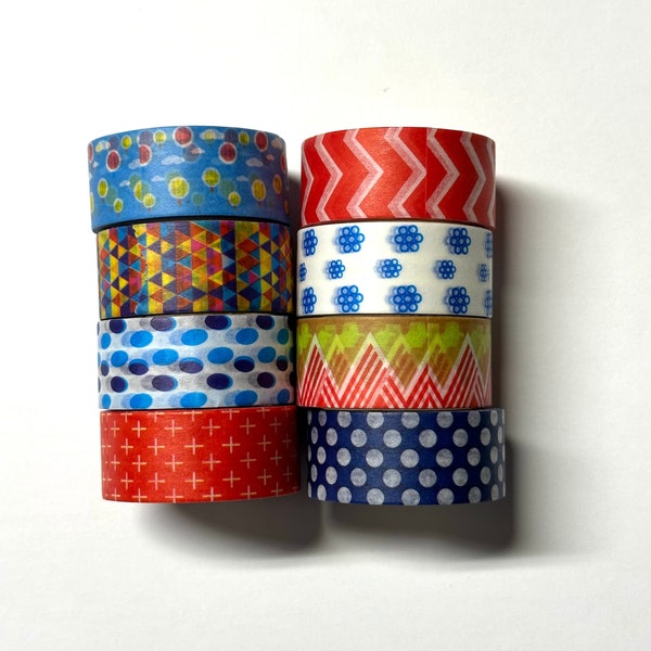 Washi tape 8 pack 15mm each Mix - stripes dots zig zag blue green red